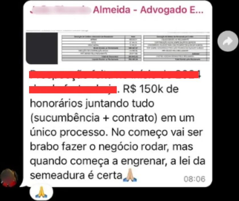 Mensagem de um advogado: R$ 150 mil de honorários em um único processo, somando sucumbência e contrato.