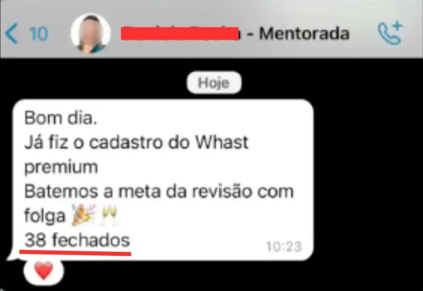 Mensagem de uma mentorada: bateu a meta de revisões com folga, com 38 contratos fechados.
