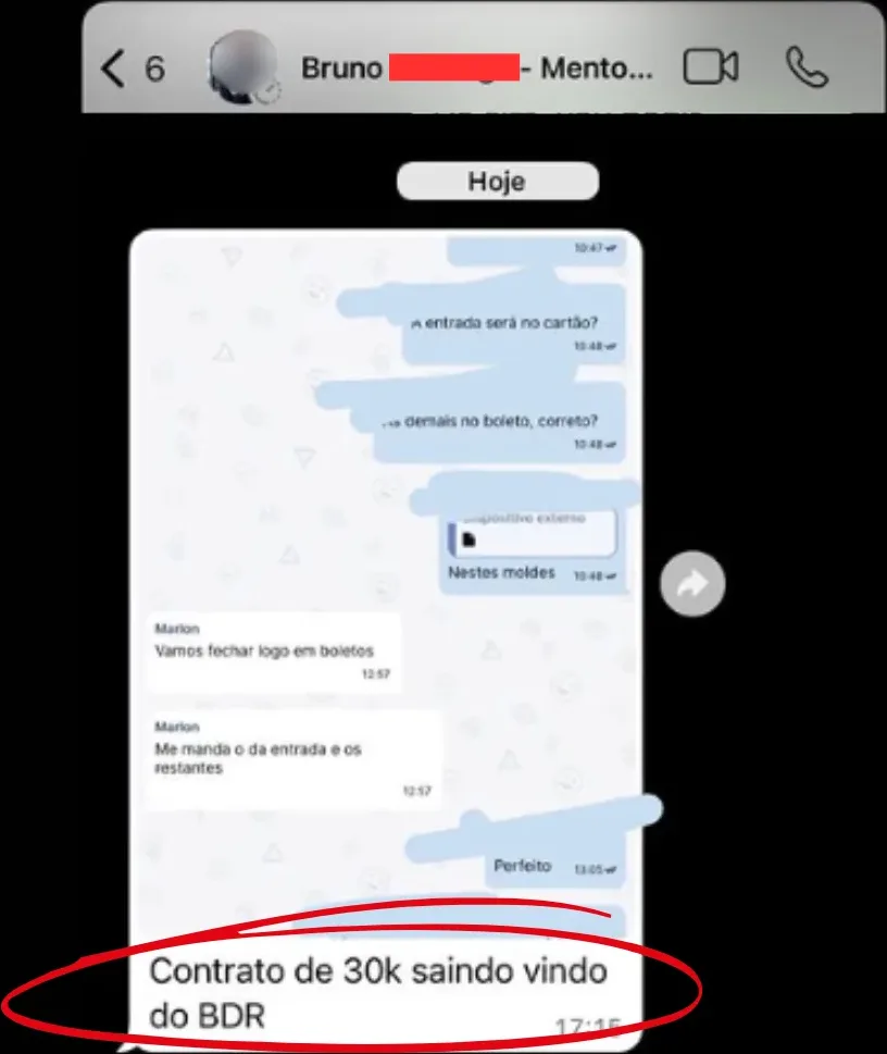 Conversa de um mentorado fechando negociação por mensagem: contrato de R$ 30 mil vindo do BDR.