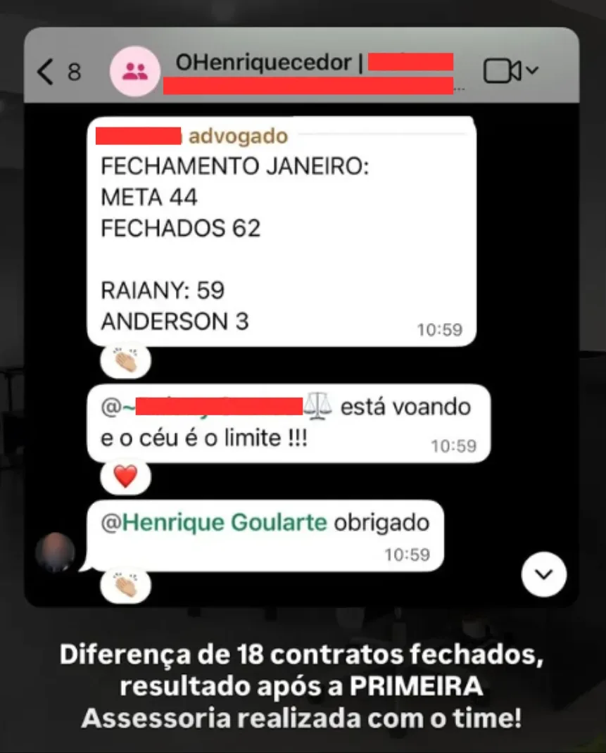 Mensagem de um advogado no grupo da assessoria: fechamento de janeiro com meta de 44 e 62 contratos fechados, 18 a mais, depois da primeira assessoria com o time.