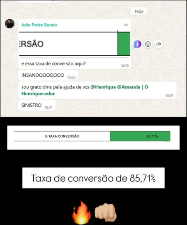 Mensagem de um mentorado com o painel do funil: taxa de conversão de 85,71%.