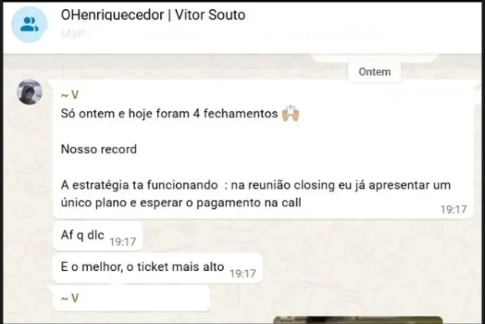 Mensagem de um mentorado: 4 fechamentos em dois dias, o recorde da agência, apresentando um único plano na reunião de fechamento.