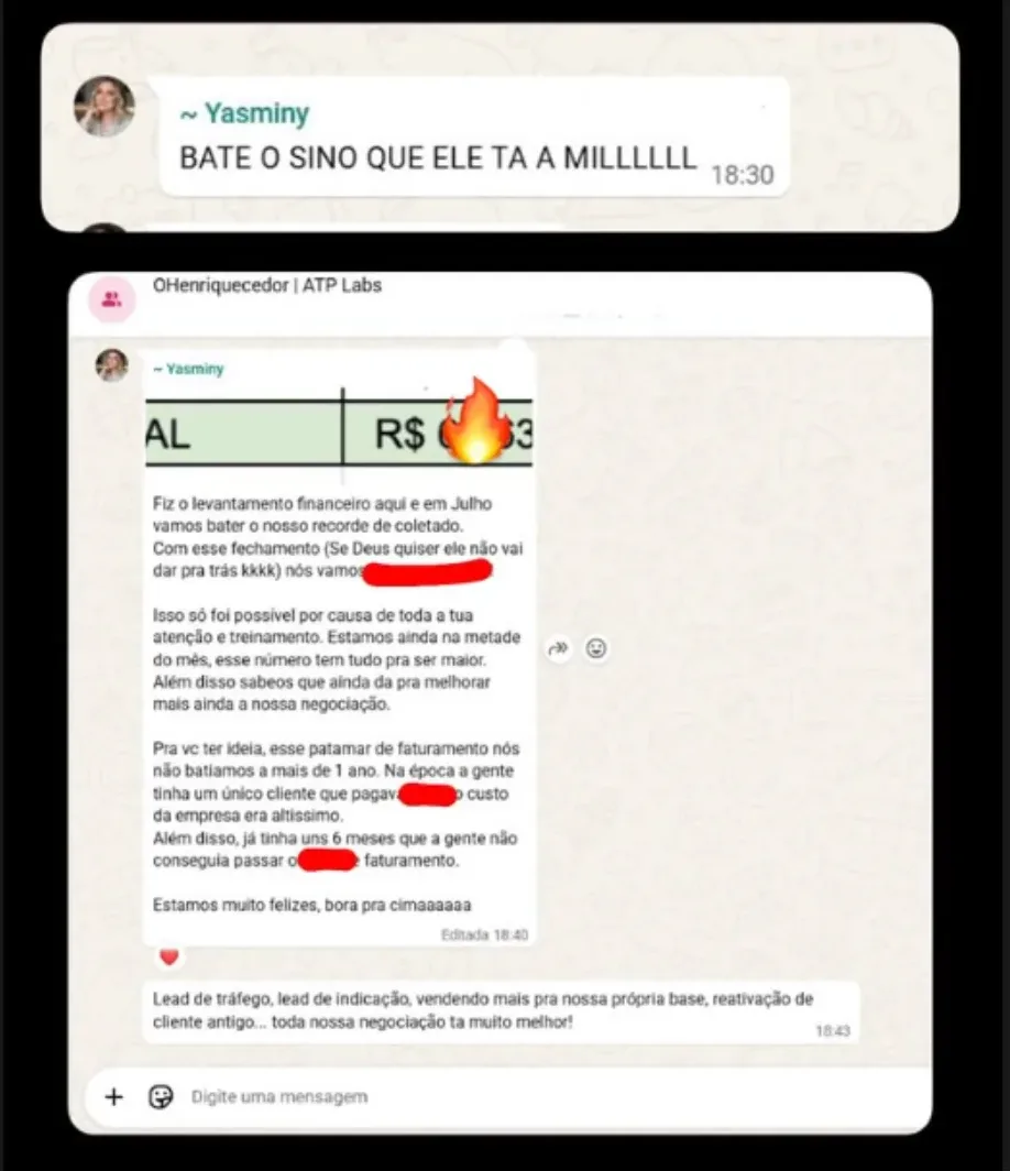 Mensagem de uma mentorada: recorde de faturamento coletado, um patamar que a agência não batia havia mais de um ano, depois do treinamento de negociação.