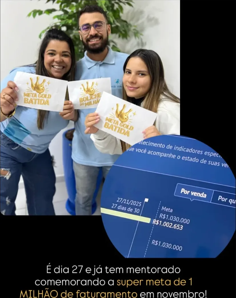 Post de mentorado comemorando a meta de 1 milhão de faturamento no mês, com o painel de acompanhamento de metas ao lado.