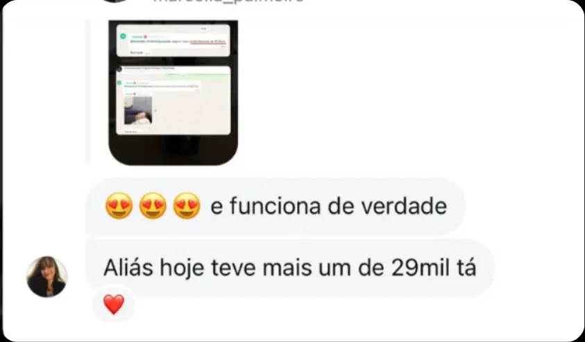 Print de conversa comemorando que o método funciona de verdade, com mais um fechamento de 29 mil no mesmo dia.