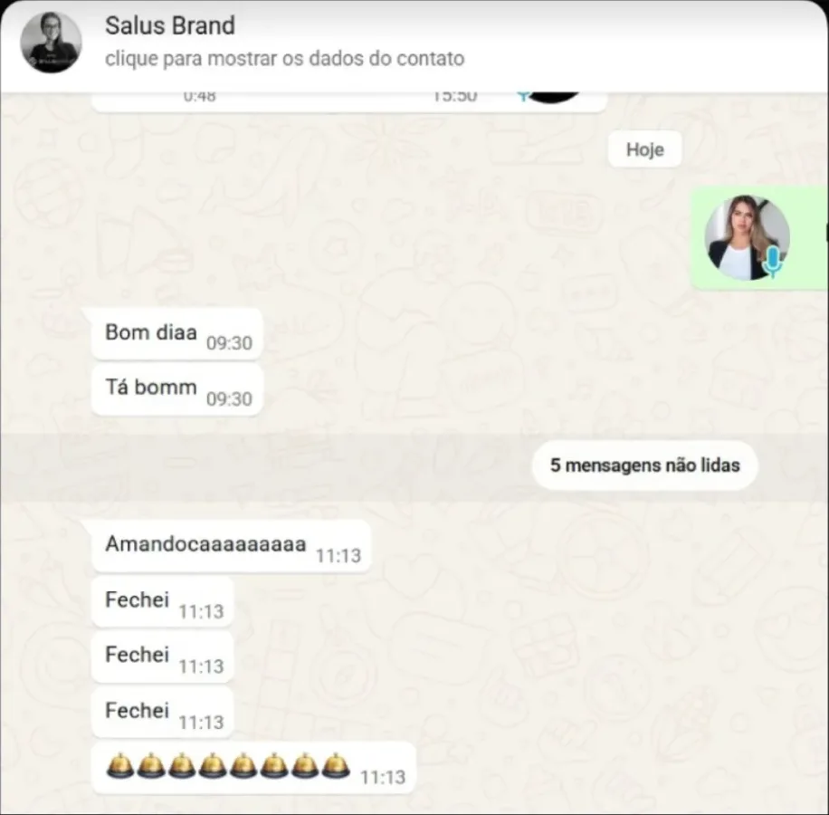 Conversa de WhatsApp com a cliente Salus Brand fechando três vendas seguidas em sequência.