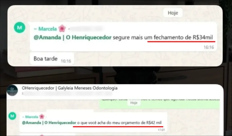 Mensagens de uma clínica de odontologia avisando dois fechamentos de orçamento, um de 34 mil e outro de 42 mil.