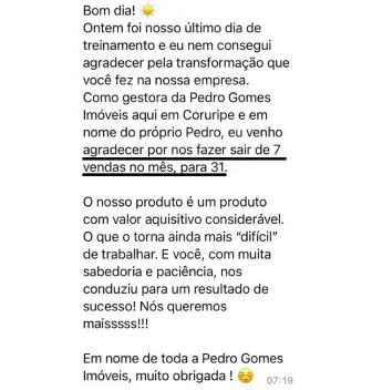 Print de conversa com cliente relatando resultado