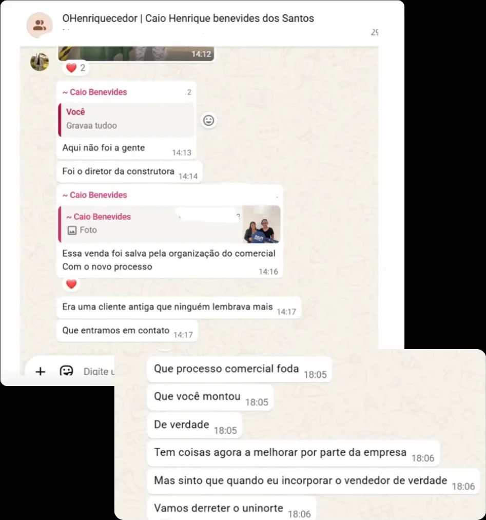 Conversa no grupo comercial: uma venda salva pela organização do comercial, com uma cliente antiga que ninguém lembrava mais e o time voltou a procurar.